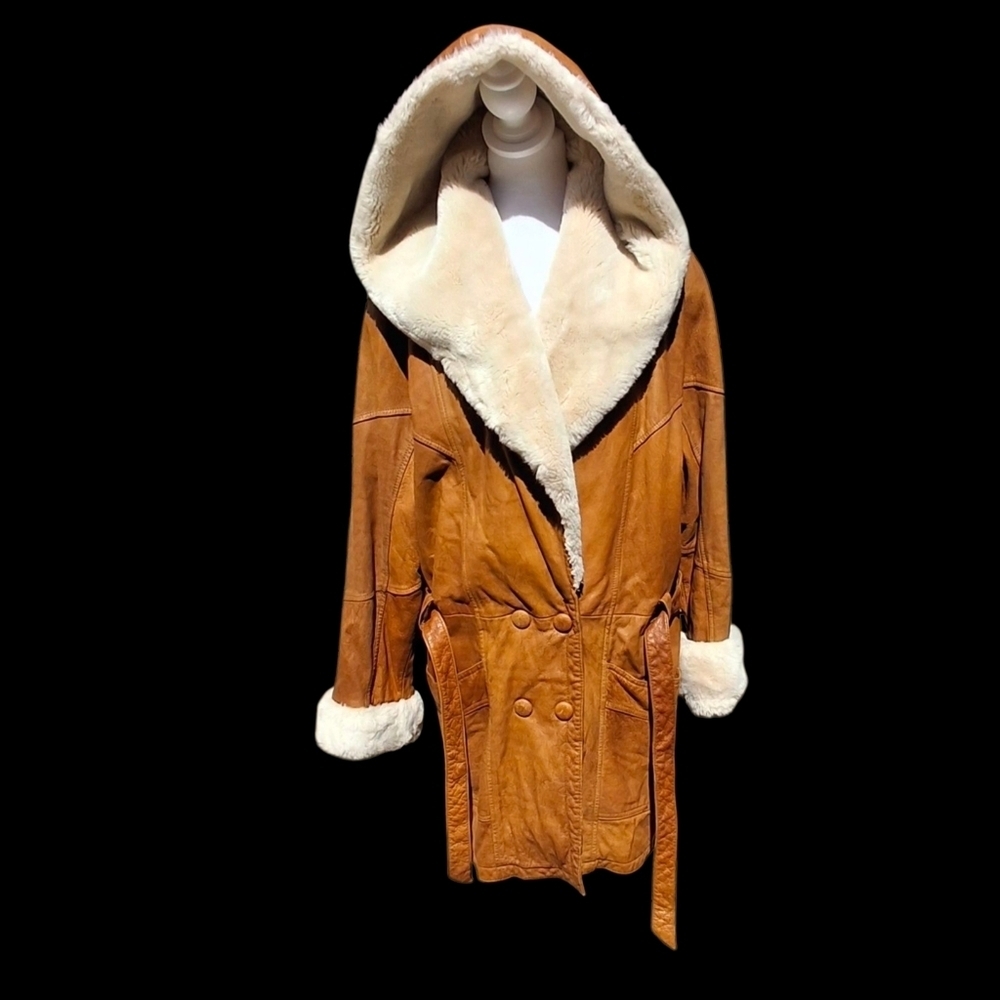Wilsons Penny Lane Leather Faux Fur Trim Belted Hoodie Coat Women Size Medium - Picture 3 of 16